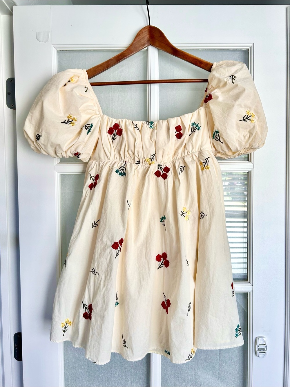 Embroidered Baby Doll Dress with Puff Sleeves